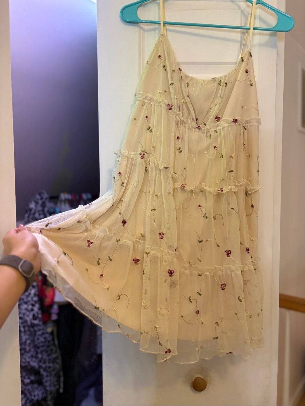 Trixxi Cream Sheer Embroidered Tiered Mini Dress